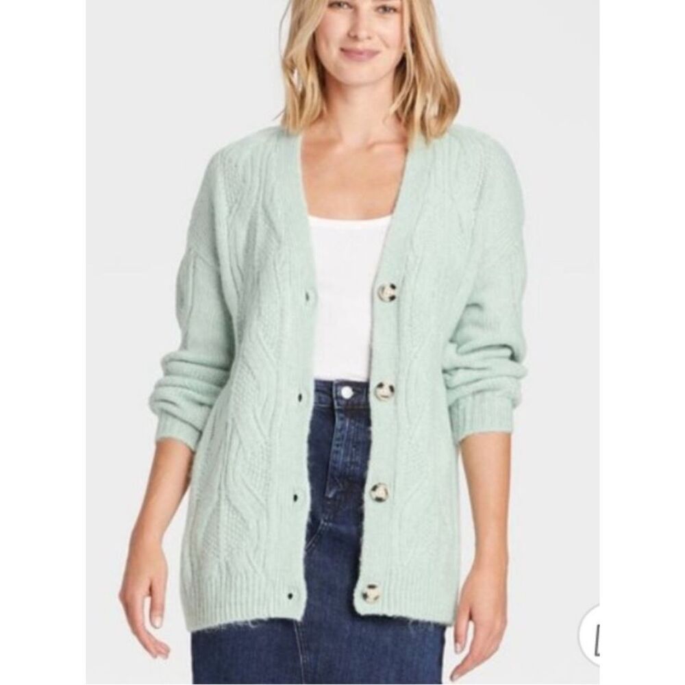 A New Day Cozy Button-Front Cable Knit Cardigan Sweater - Mint Green (Size: L)